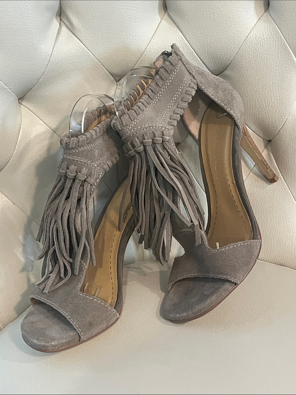 Chinese Laundry Taupe Tan Suede Fringe Open-Toe Heels Eye Catching